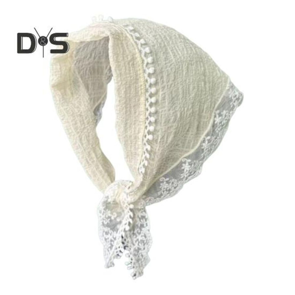 (beige) Women Summer Scarf French Style Lace Pattern Splicing Hairband Solid Color Retro Sunscreen Triangle Scarf Retro Ribbon