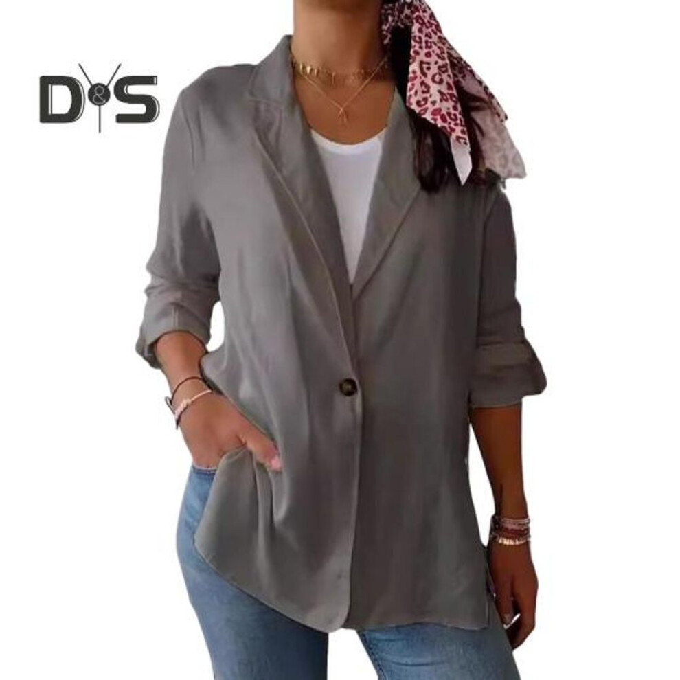 (grey, L) Women Suit Coat Lapel Long Sleeve Single Breasted Suit Jacket Side Slit Hem Solid Color One Button Business Outwear