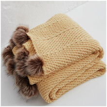 (Yellow) Solid Color Knit Throw Blankets with Pompoms, Soft and Cozy Knit Blanket for All Seasons