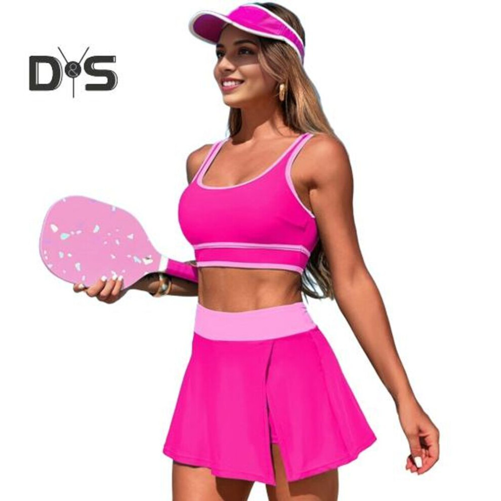 (S, pink) 2Pcs/Set Women Tankini Set Low O-Neck Sleeve Tank Tops Tummy Control Side Split Skorts Set Patchwork Color Swimwear