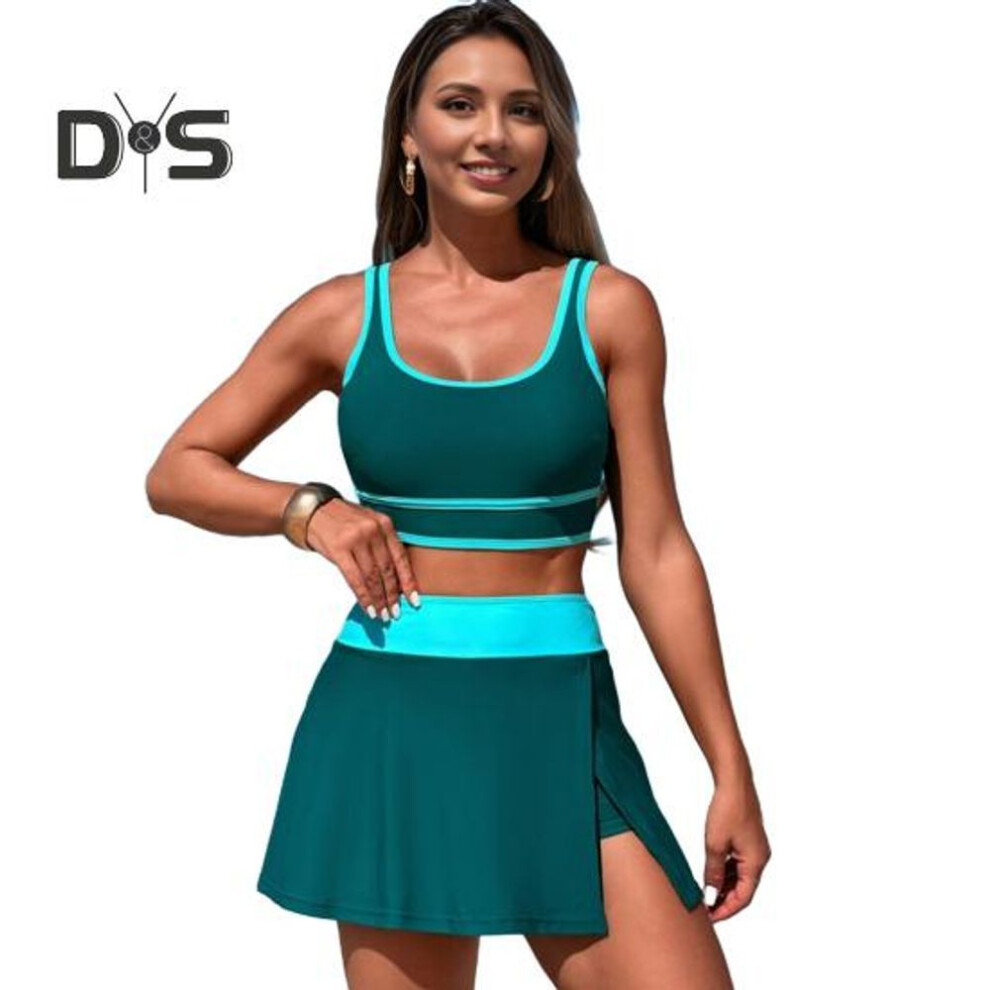 (L, green) 2Pcs/Set Women Tankini Set Low O-Neck Sleeve Tank Tops Tummy Control Side Split Skorts Set Patchwork Color Swimwear