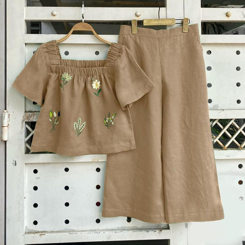 (khaki, 3XL) ZANZEA Women Summer Square Neck Short Sleeve Floral Print Blouse Wide Leg Pants Sets