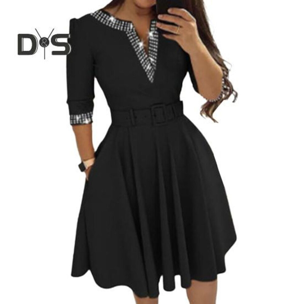 (black, M) Elegant Women Mini Dress V neck 3/4 Sleeve Rhinestones Short Dress with Belt Pockets Swing Hem Party Dress