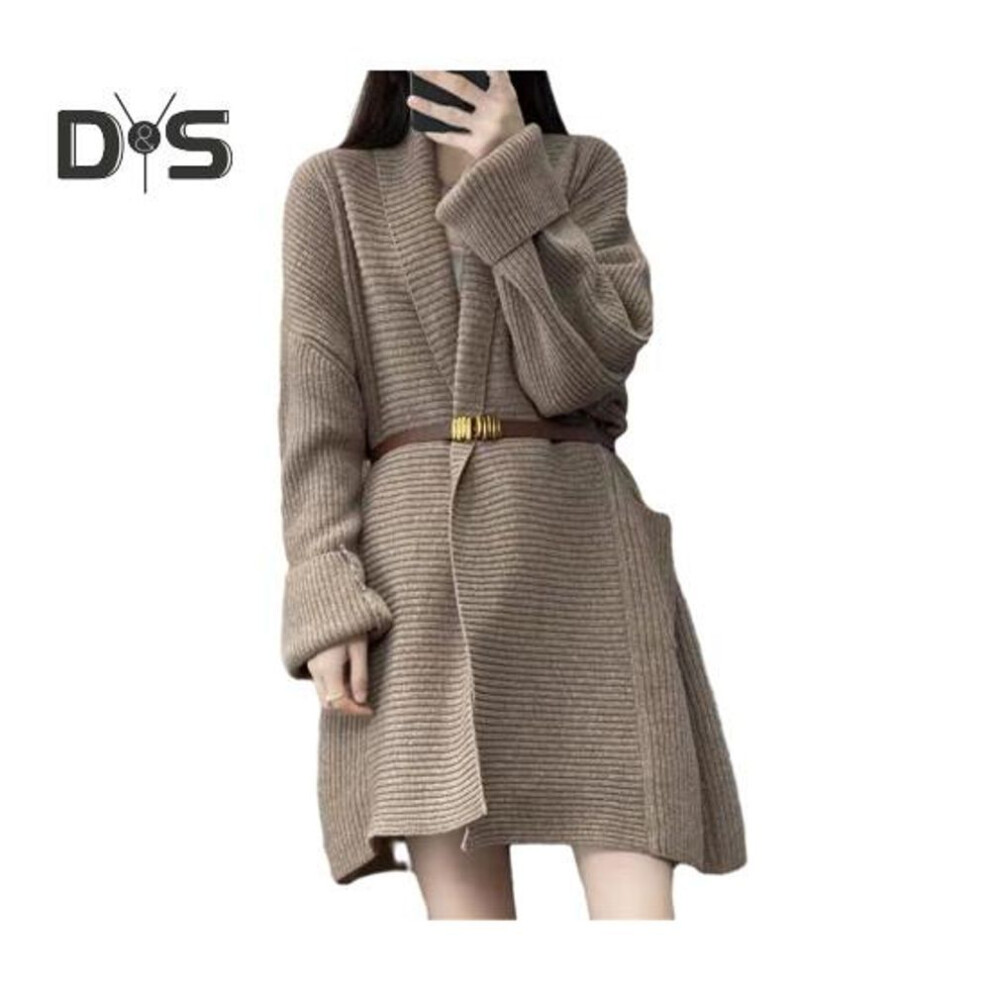 (khaki) Women Sweater Coat Lapel Long Sleeve Open Front Knitting Cardigan with Large Pockets Solid Color Loose Fit Mid-length Outwear