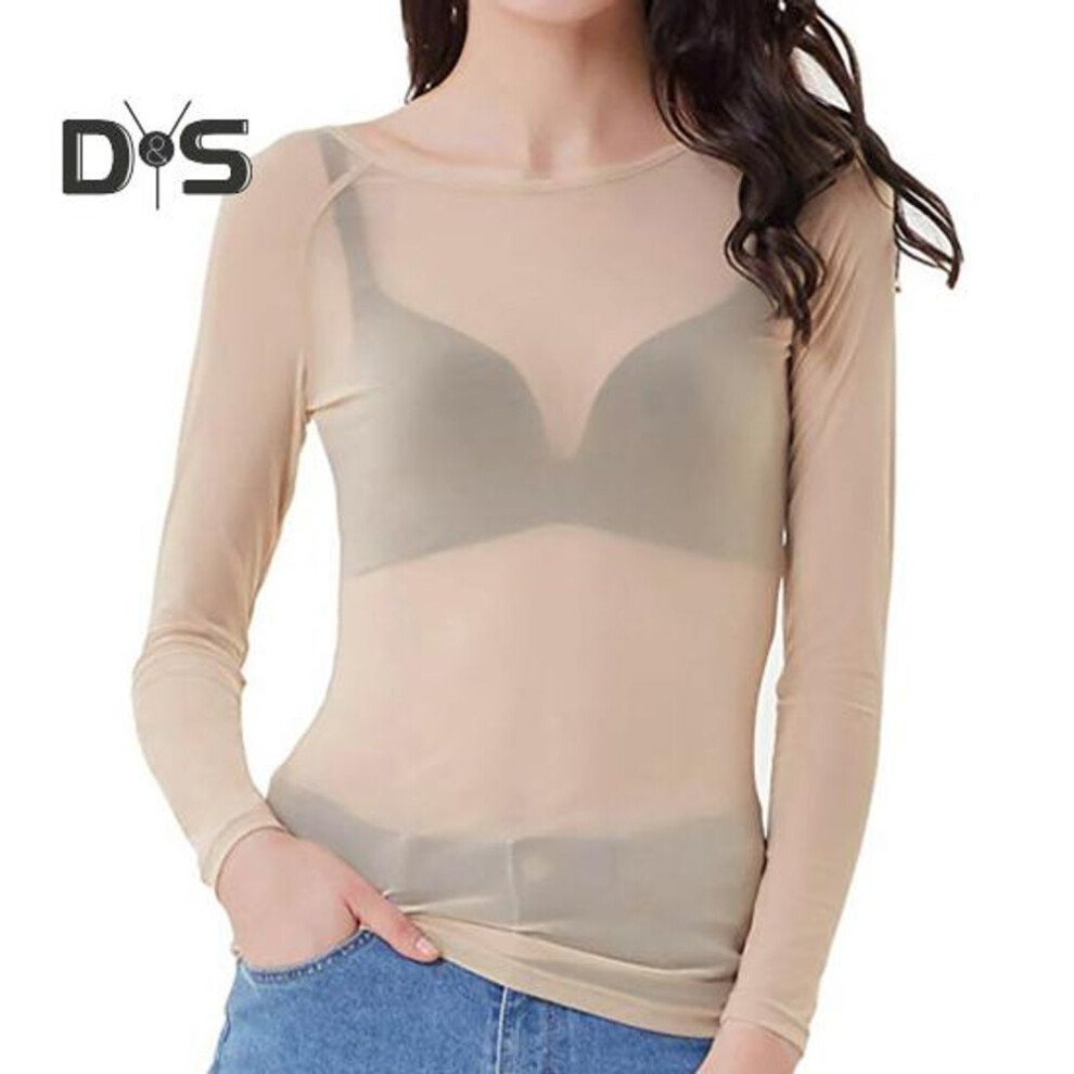 (M, khaki) Sexy Skinny Tops See Through Black Mesh Pullover Tops O Neck Long Sleeve Transparent Punk Club Tee Shirt