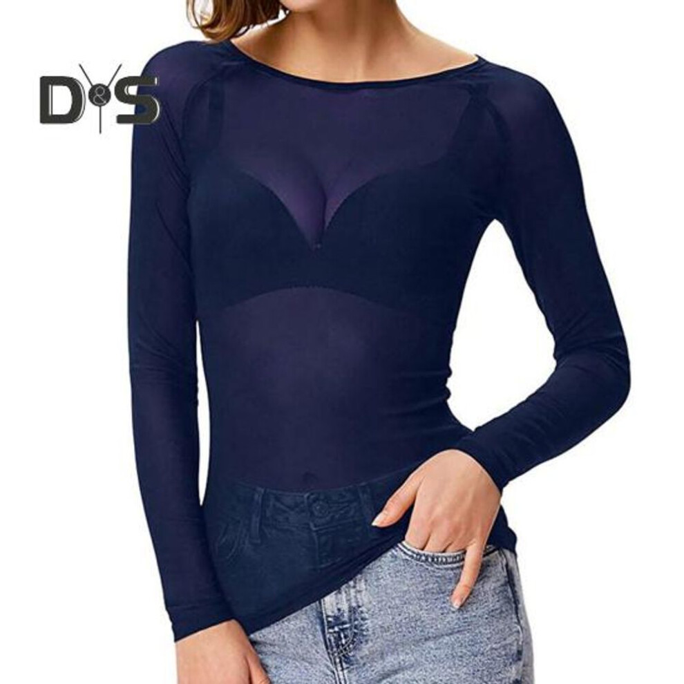 (3XL, blue) Sexy Skinny Tops See Through Black Mesh Pullover Tops O Neck Long Sleeve Transparent Punk Club Tee Shirt