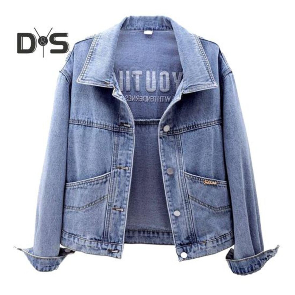 (blue, XL) Women Jacket Turn-down Collar Long Sleeve Single-breasted Solid Color Buttons Embroidery Pockets Short Type Denim Hip Hop Streetwear Lady Coat
