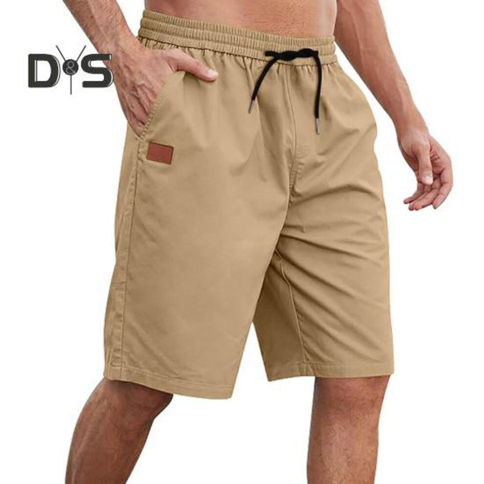 (khaki, L) Men Shorts Elastic Waist Adjustable Drawstring Beach Shorts With Pockets Solid Color Straight Wide Leg Cargo Shorts