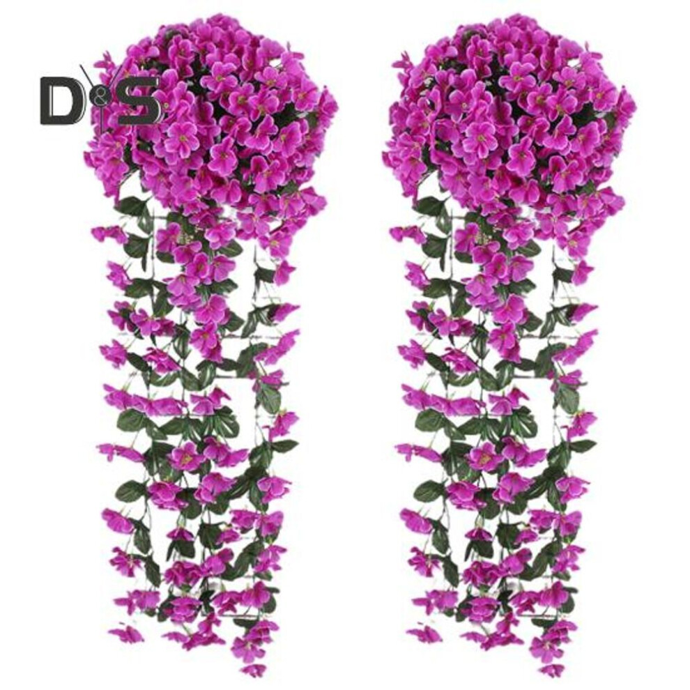 (purple) 2Pcs Hanging Artificial Violet Vine UV Resistant Faux Drooping Flower Plants Plastic Ivy Home Wedding Indoor Outdoor Garden Yard Decoration Photo