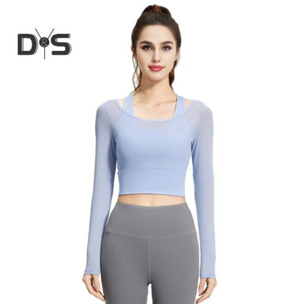 (XL, blue) Women's Sheer Mesh Fake Two-piece Crop Top Slim Fit Long Sleeve Camisole Workout Tops Padded Yoga Fitness Shirts