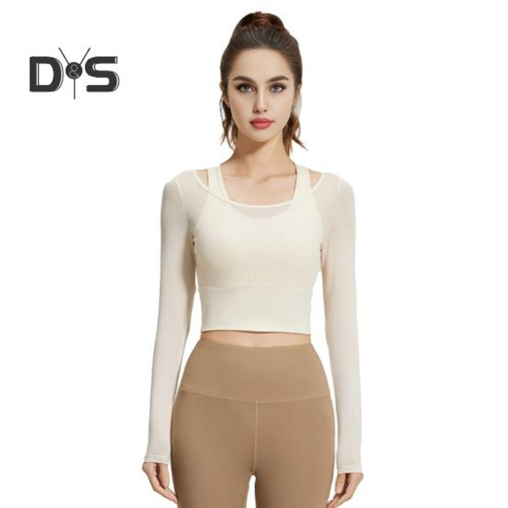 (XL, ivory) Women's Sheer Mesh Fake Two-Piece Crop Top Slim Fit Long Sleeve Camisole Workout Tops Padded Yoga Fitness Shirts