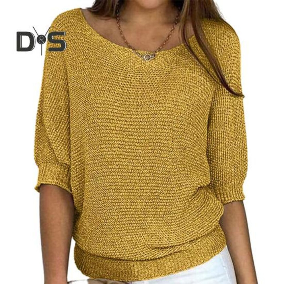 (M, yellow) Women Autumn Winter Solid Color Knitting Sweater O Neck 3/4 Sleeve Loose Fit Pullover Tops Knitwear