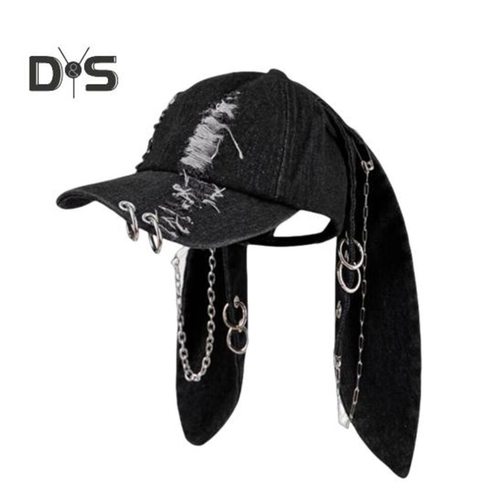 (as the picture, A) Dark Punk Style Denim Baseball Hat Adjustable Distressed Design Denim Cap With Metal Rings 3D Bunny Ears Streetwear Accessory