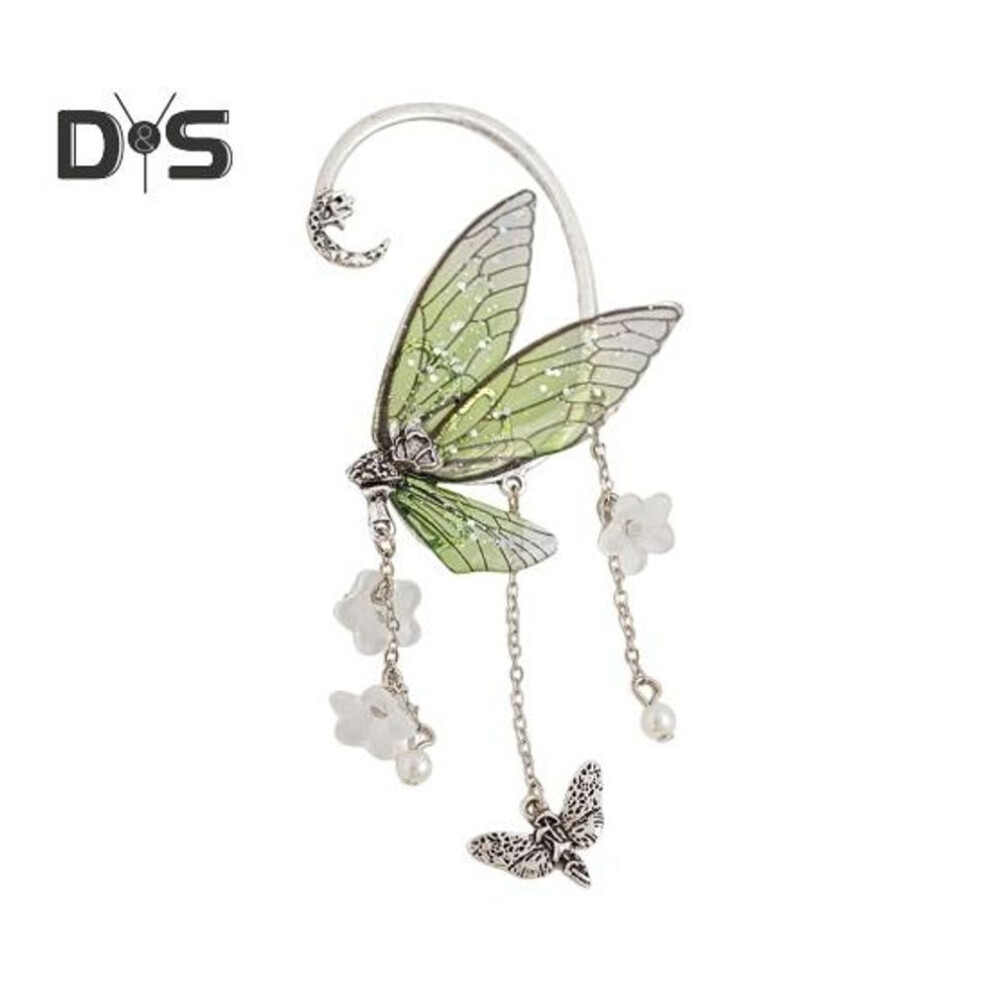(green) 1 Pc Women Ear Cuff Butterfly Shape Tassel Sequin Flower Moon Decor Ear Hanging Forest Fairy Style Anti-slip Electroplated Cosplay Party Ear Clip