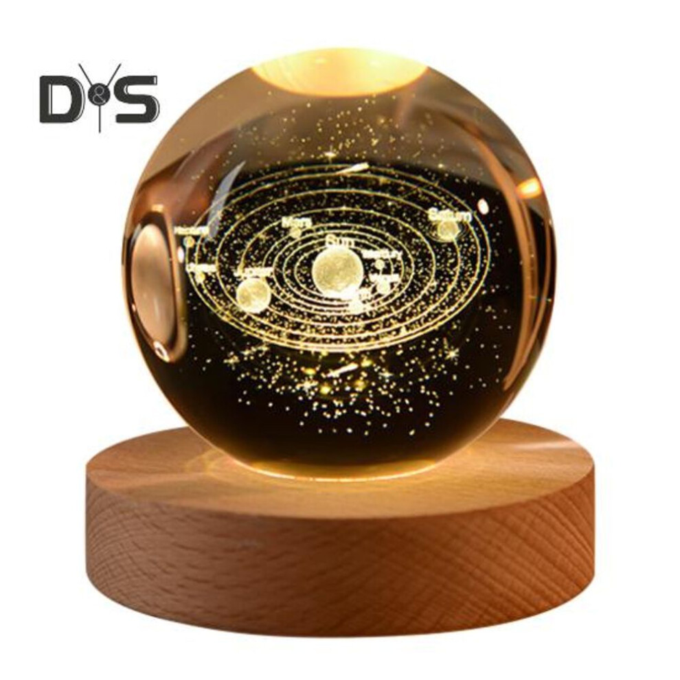 (as the picture, C) 3D Clear Sphere Light Solar System Faux Crystal Ball With Wooden Base Usb Powered Night Light Desktop Ornament For Bedroom Living Room