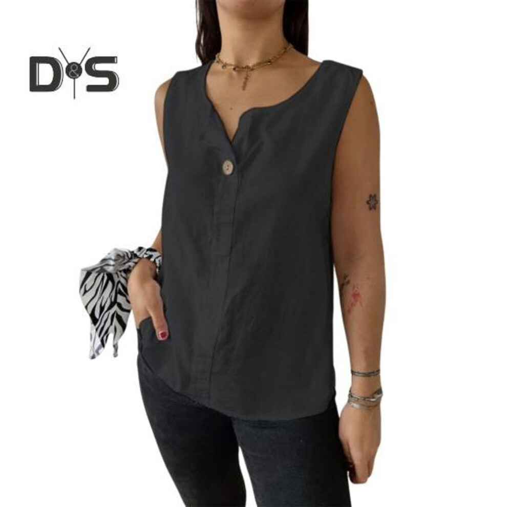 (2XL, black) Women Vest Sleeveless Button Decoration Casual Tank Tops Solid Color Cotton Linen Lightweight Breathable Tops