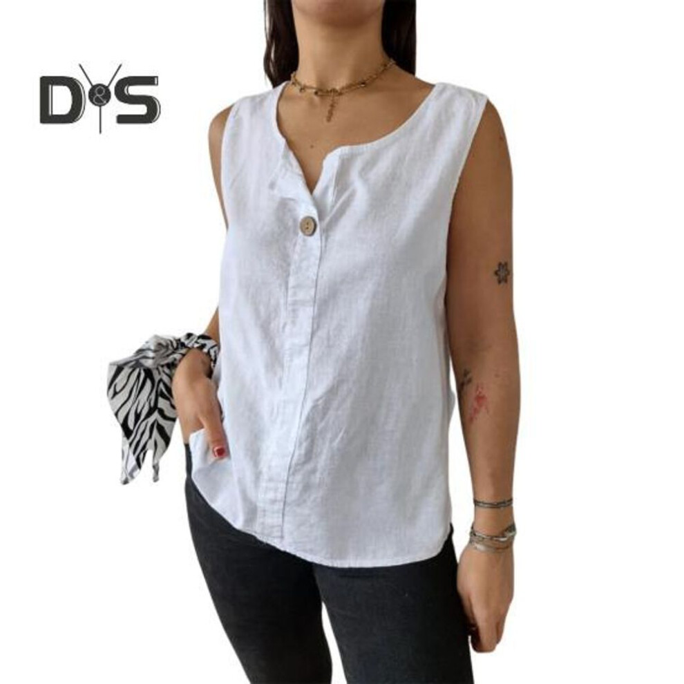 (M, white) Women Vest Sleeveless Button Decoration Casual Tank Tops Solid Color Cotton Linen Lightweight Breathable Tops