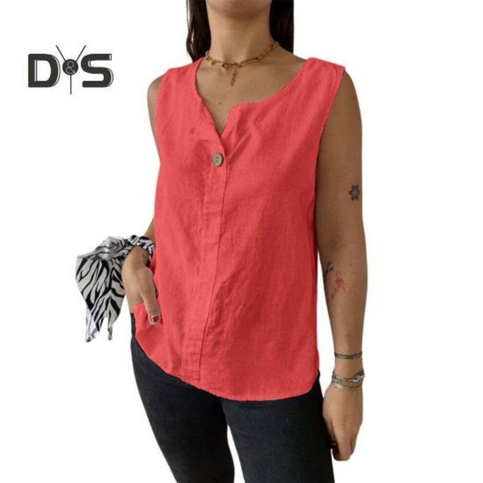 (XL, red) Women Vest Sleeveless Button Decoration Casual Tank Tops Solid Color Cotton Linen Lightweight Breathable Tops