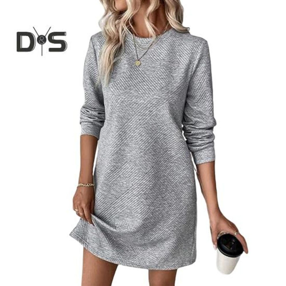 (grey, XXL) Spring Fall Dress Textured Long Sleeves Round Neck Solid Color Loose Straight Mini Dress Pullover Short Dress for Commuting Dating Travel