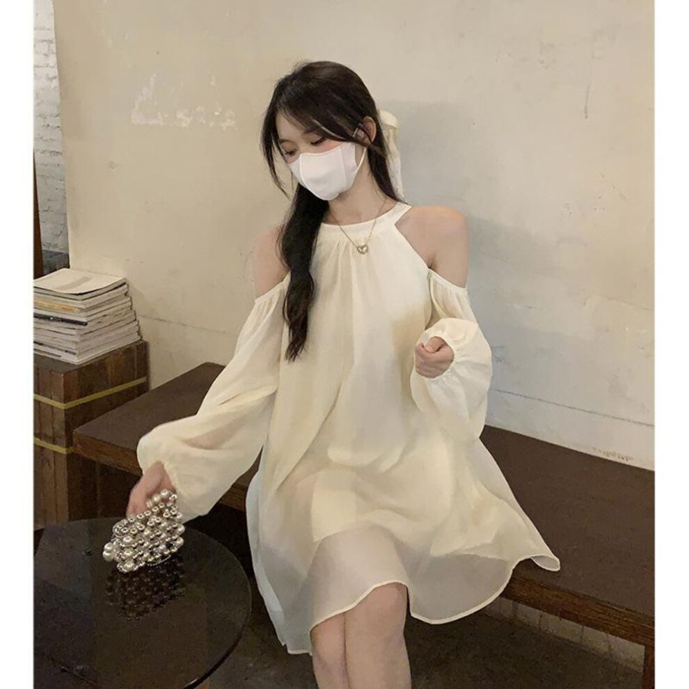 (beige, L) Summer Off Shoulder Dresses Women Puff Sleeve Sweet Casual Korean Loose Dress Spring Evening Dress