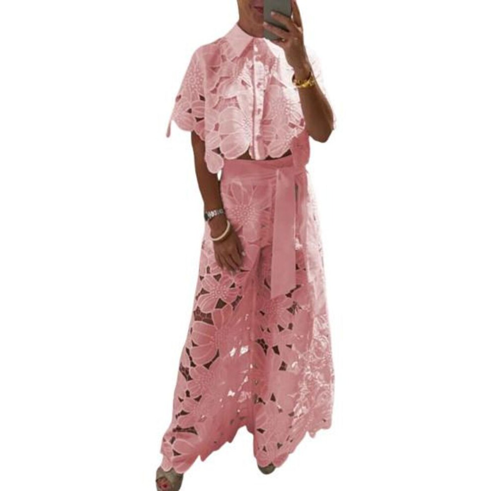 (pink, M) 2 Pcs/set Women Top Pants Suit Hollow Out Flower Applique Turn-down Collar Button-down Short Blouse Wide Leg Trousers Set