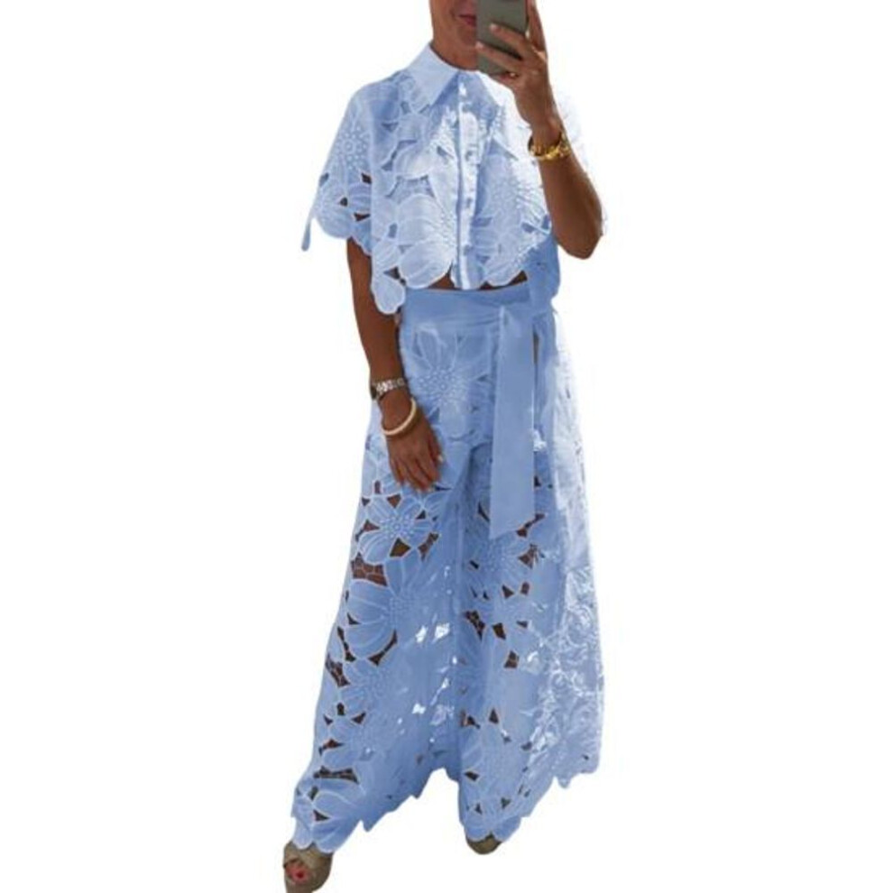 (blue, XL) 2 Pcs/set Women Top Pants Suit Hollow Out Flower Applique Turn-down Collar Button-down Short Blouse Wide Leg Trousers Set