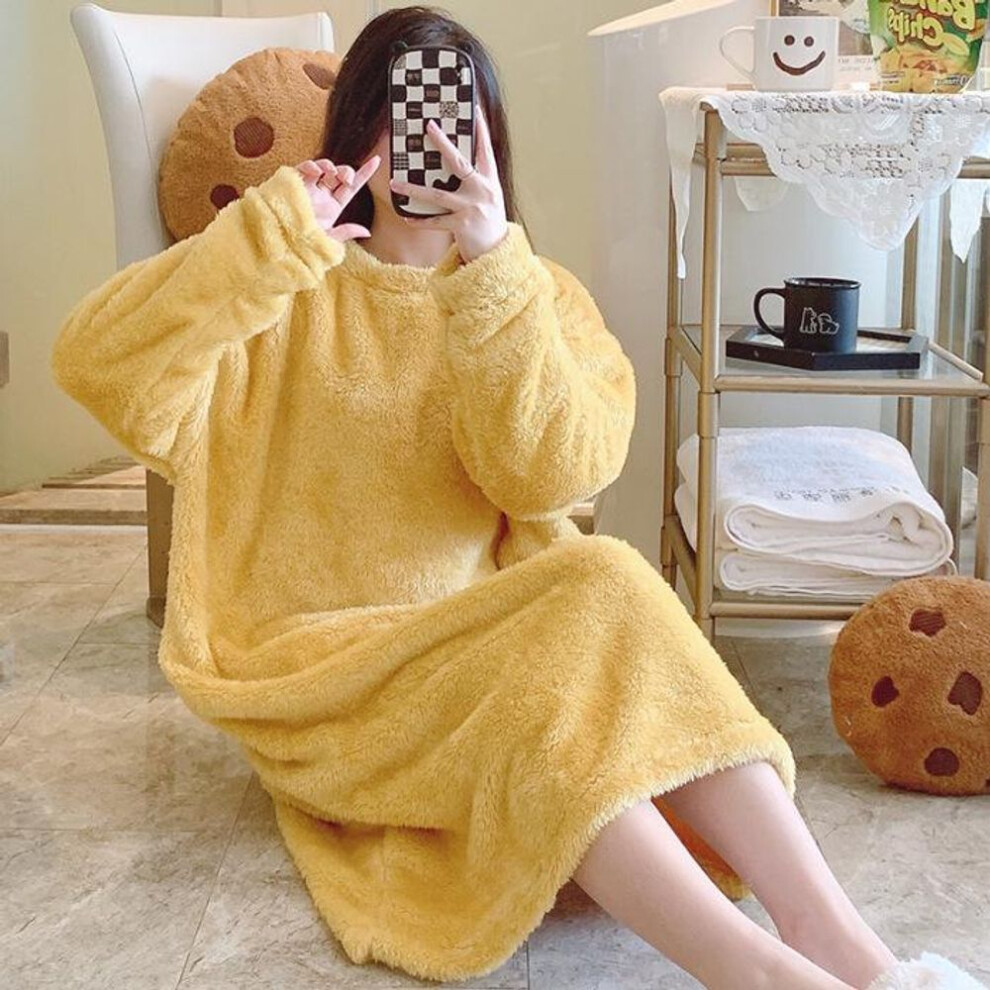 (5XL, yellow) Women's Plush Jacquard Pajamas: Sweet Long-Sleeve Midi Nightdress, Plus Size, Perfect for Autumn/Winter Home or Outdoor Wear.