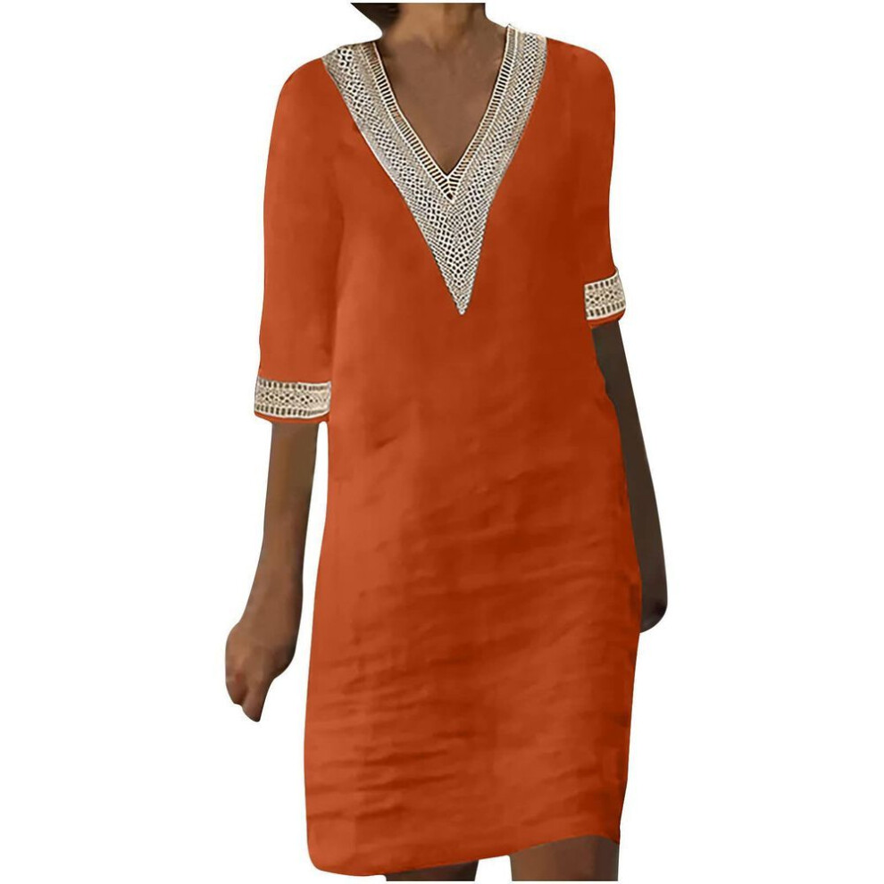 (orange, M) European & American Autumn Cotton-Linen V-Neck Lace Stitching Retro Solid Color 3/4 Sleeve Dress for Women