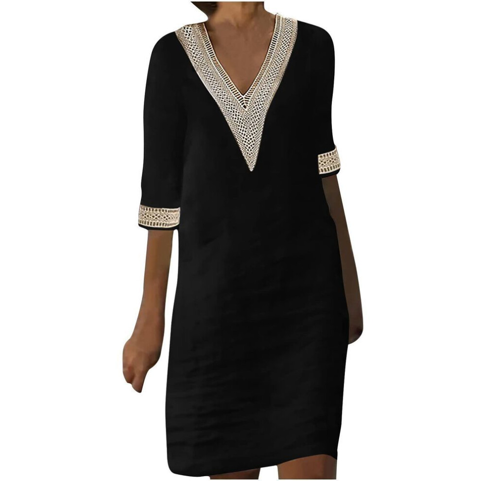 (black, XXXL) European & American Autumn Cotton-Linen V-Neck Lace Stitching Retro Solid Color 3/4 Sleeve Dress for Women