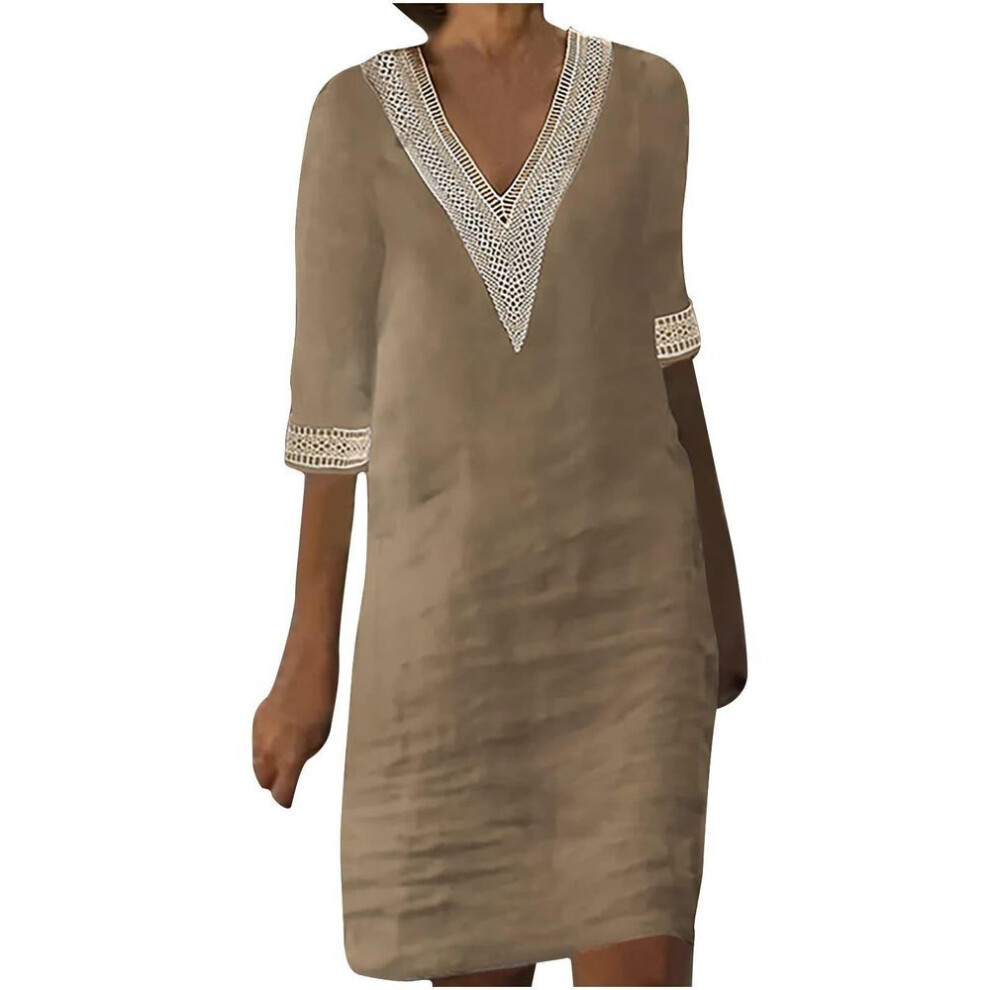 (khaki, S) European & American Autumn Cotton-Linen V-Neck Lace Stitching Retro Solid Color 3/4 Sleeve Dress for Women