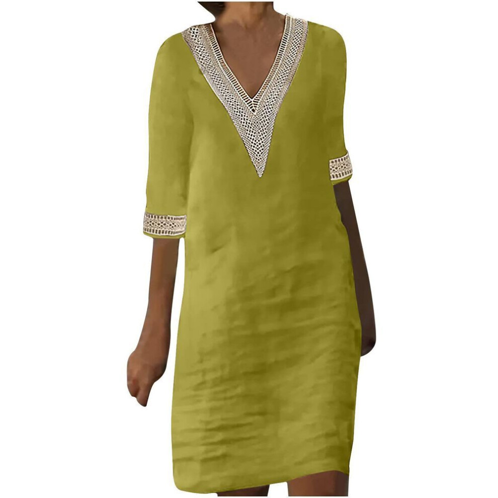 (yellow, XL) European & American Autumn Cotton-Linen V-Neck Lace Stitching Retro Solid Color 3/4 Sleeve Dress for Women