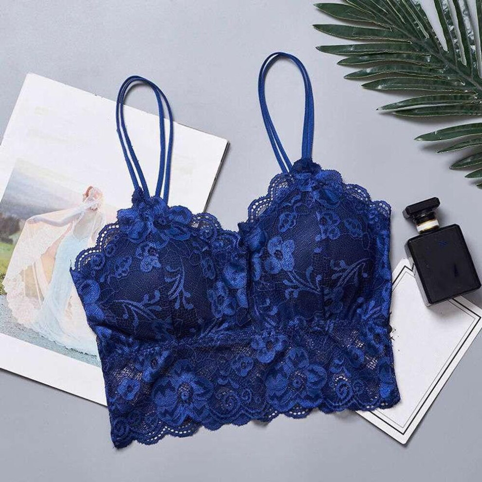 (One size, blue) Sexy Strappy Bralette Bra Cami Crop Top Sleeveless Vest Crochet Halter Lace Tank Tops