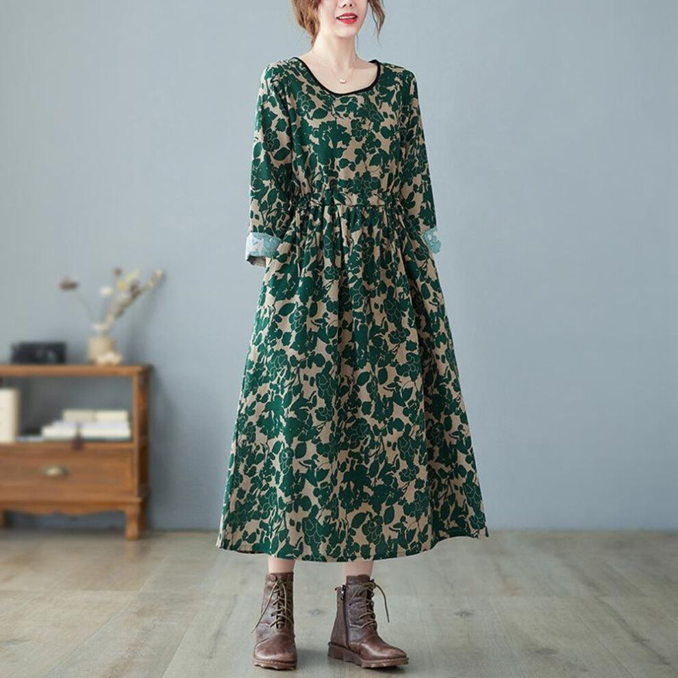 (green, 2XL) Retro literary and artistic printing dress 2025 autumn cotton and linen base long skirt loose long sleeve big swing skirt women