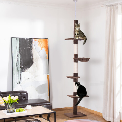 PawHut PawHut Floor to Ceiling Cat Tree 5-Tier Climbing Tower Scratching Post Brown