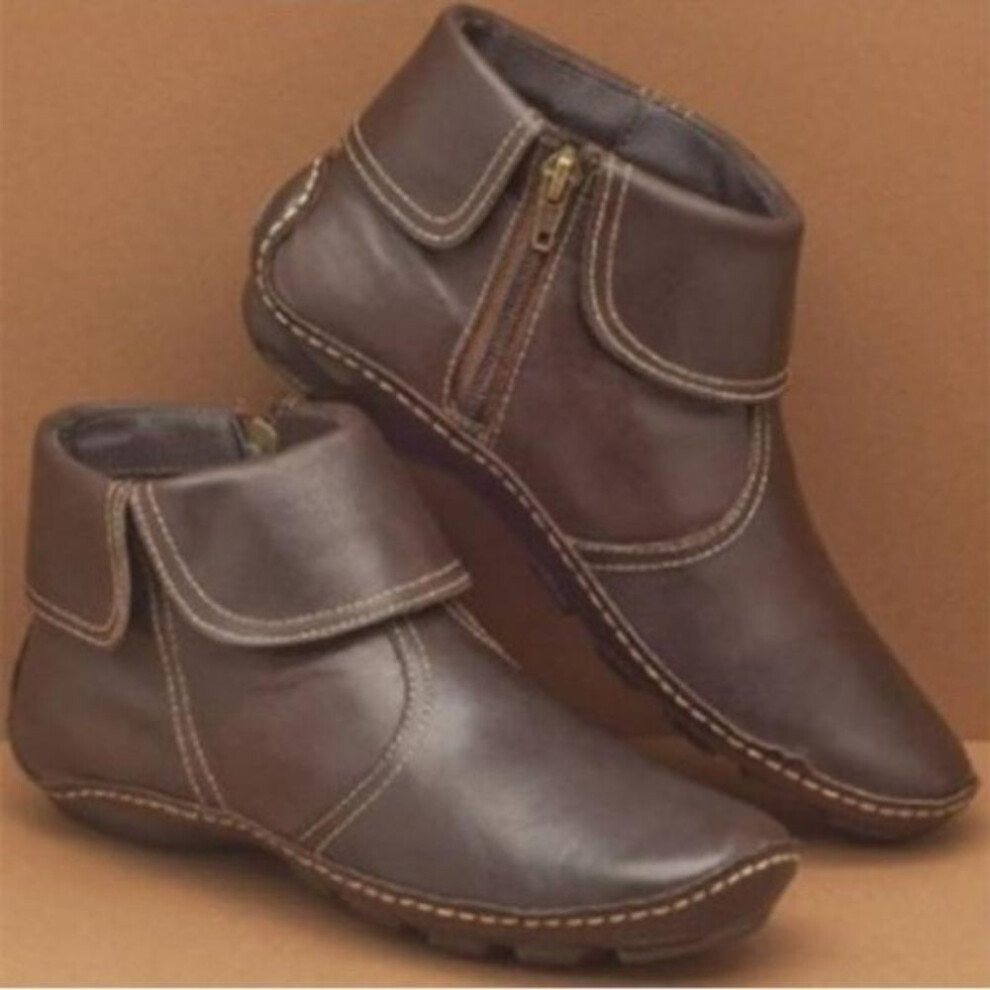 (brown, 42) Women Sneakers Spring Autumn  Leather Ankle Boots Casual Zipper Comfort Soft Wear-Resistant Walking Footwear