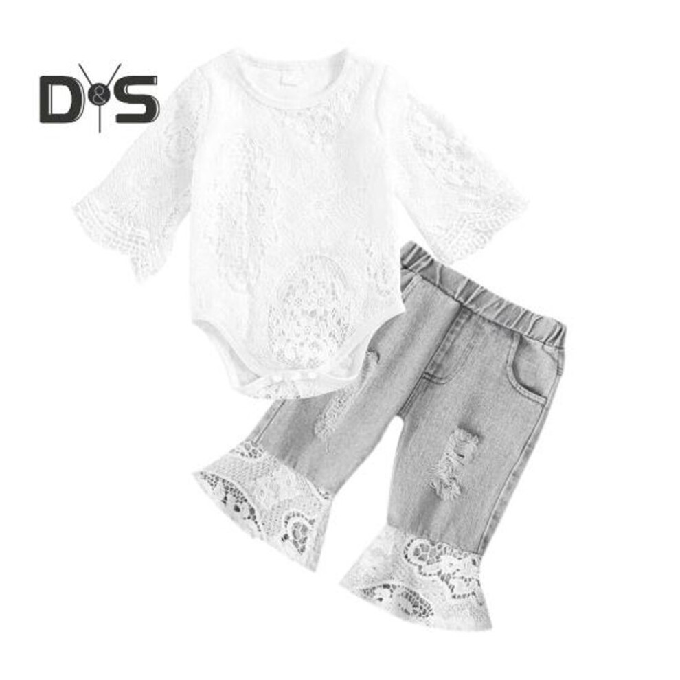 (white, 100cm) 2 Pcs/Set Children Suit Hollow Out Lace Floral Embroidery Round Neck Top Playsuit Elastic Waist Denim Trousers Kids Outfit for Spring Outings Parties