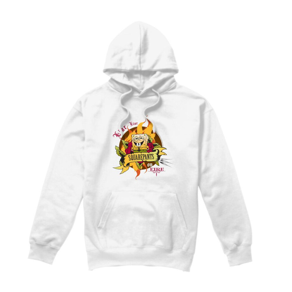 (S, White) SpongeBob SquarePants Mens Liar Liar Pants On Fire Hoodie