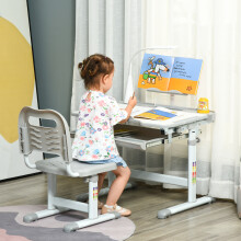 HOMCOM Kids Study Desk and Chair Set w/ USB Lamp, Adjustable Height, Grey