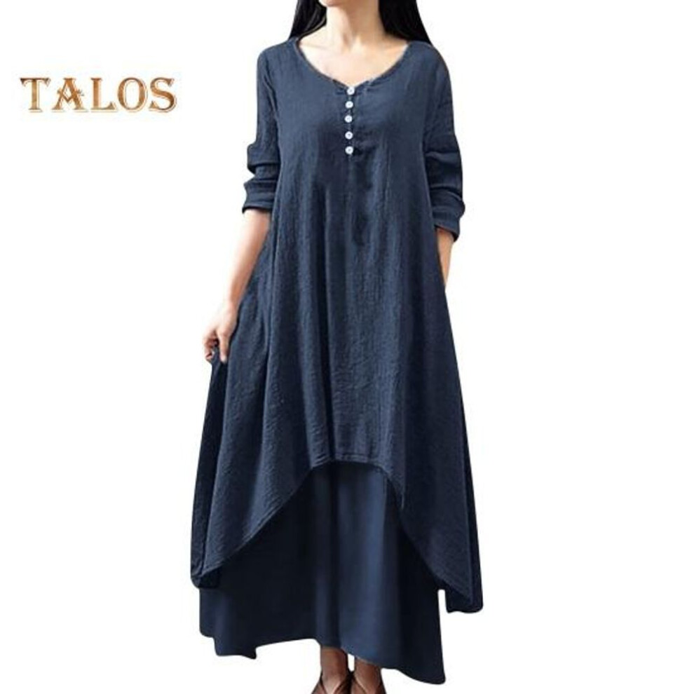 (navy blue, XXXXL) Women Maxi Dress with Pockets Ninth Sleeves Round Neck Irregular Layered Hem Beach Dress Plus Size Loose Solid Color Dress for Dating Daily Wear