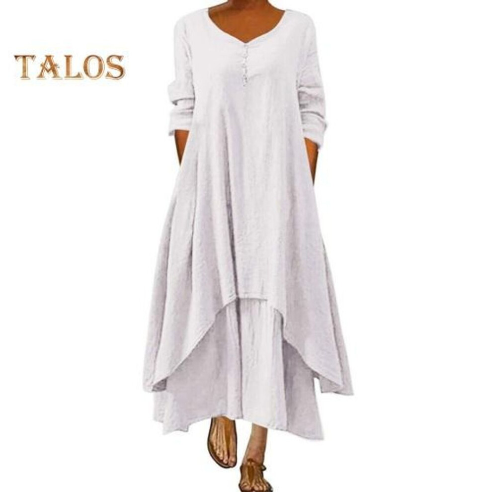 (white, XXL) Women Maxi Dress with Pockets Ninth Sleeves Round Neck Irregular Layered Hem Beach Dress Plus Size Loose Solid Color Dress for Dating Daily Wear