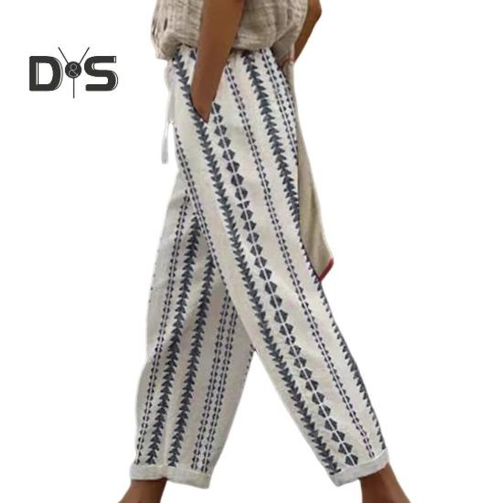 (dark gray, M) Women Harem Pants Elastic Waist Drawstring Geometric Pattern Beach Trousers With Pockets Loose Fit Thin Casual Pants