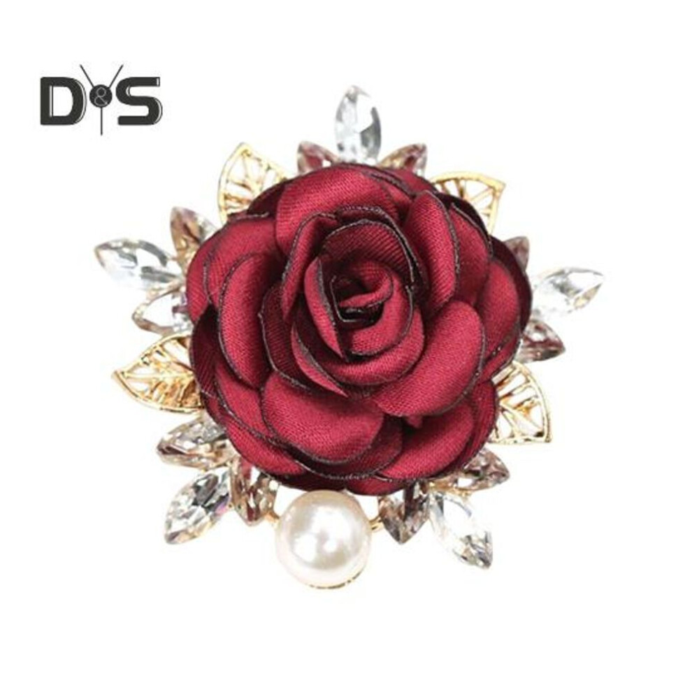 (red) Women Brooch 3D Rose Leaf Faux Pearl Rhinestone Lapel Collar Pin Bag Scarf Hat Decoration Brooch Prom Party Jewelry