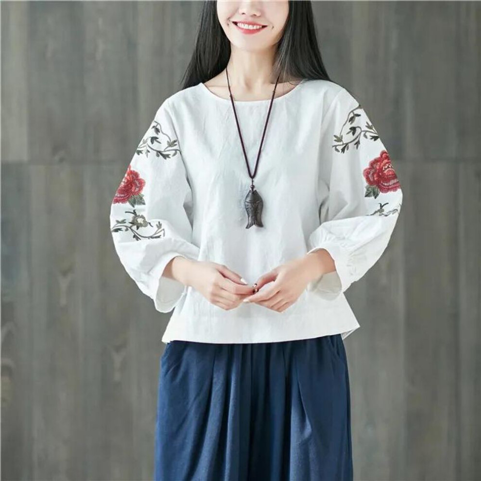 (XL, white) Literary and Artistic Retro Embroidered Cotton and Linen Shirt Women's Ethnic Style Loose Casual Three-quarter Sleeve Round Neck Pullover Women
