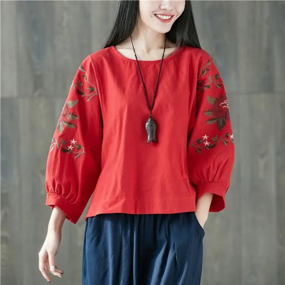 (XXL, red) Literary and Artistic Retro Embroidered Cotton and Linen Shirt Women's Ethnic Style Loose Casual Three-quarter Sleeve Round Neck Pullover Women