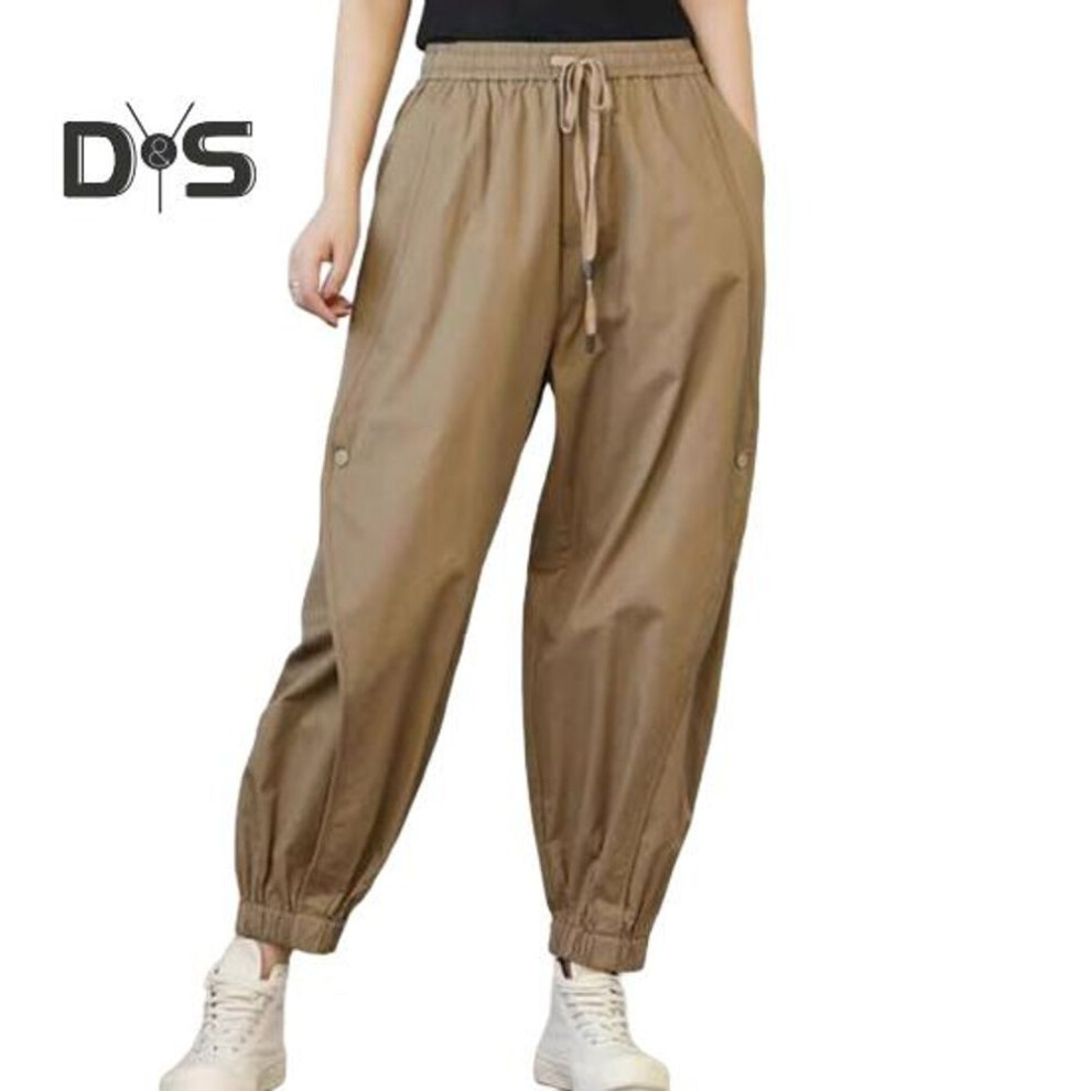 (khaki, XL) Women Harem Pants Solid Color Casual Trousers with Drawstring Waist Loose Fit Lounge Pants Daily Wear