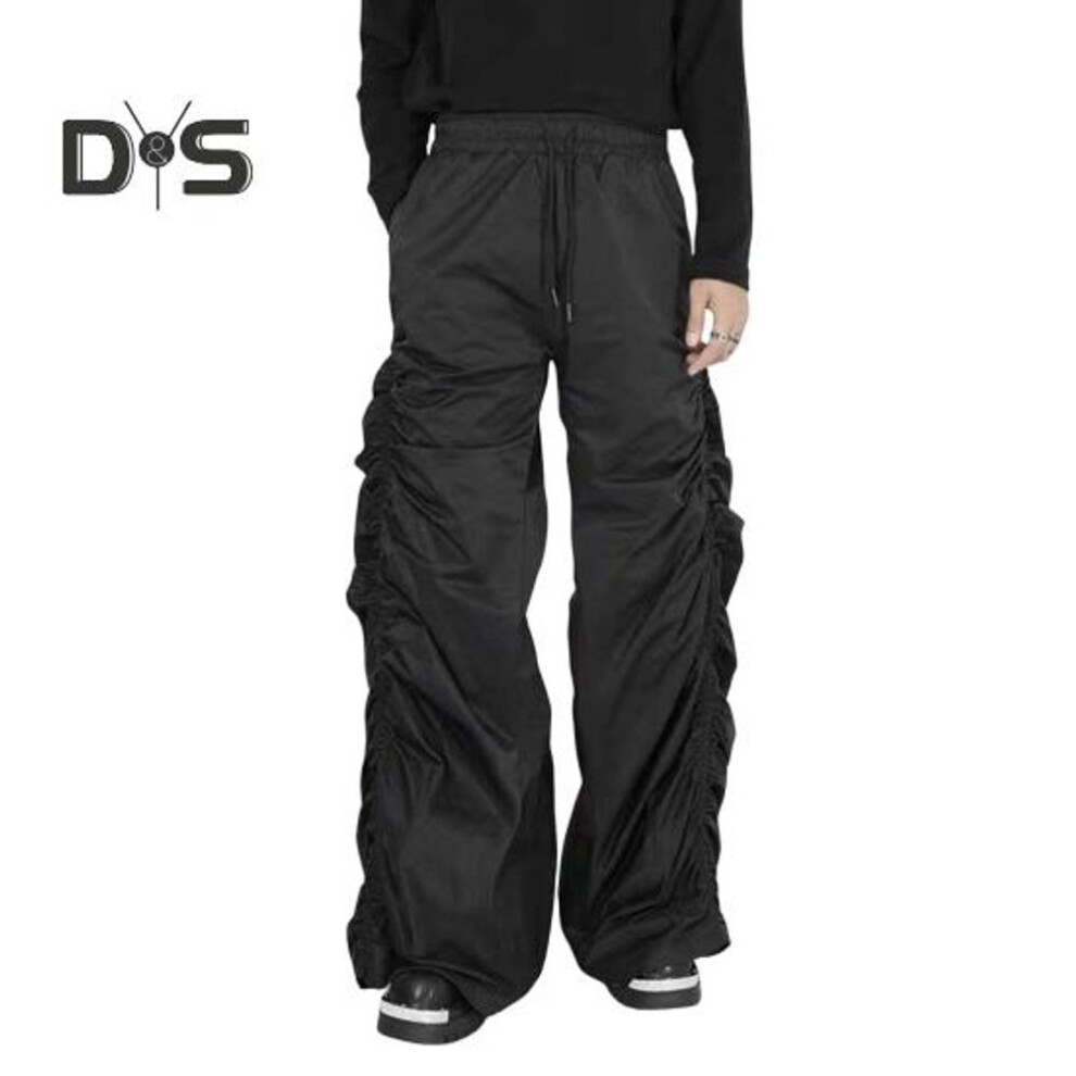(black, M) Women Pants Wide Leg Elastic High Waist Casual Trousers with Pockets Shirring Design Spring Autumn Long Pants