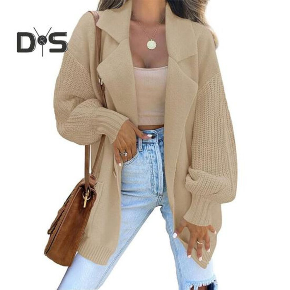 (L, khaki) Women Suit Coat Suit Lapel Long Sleeve Solid Color Knitting Coat with Pockets Loose Fit Single Button Sweater Coat