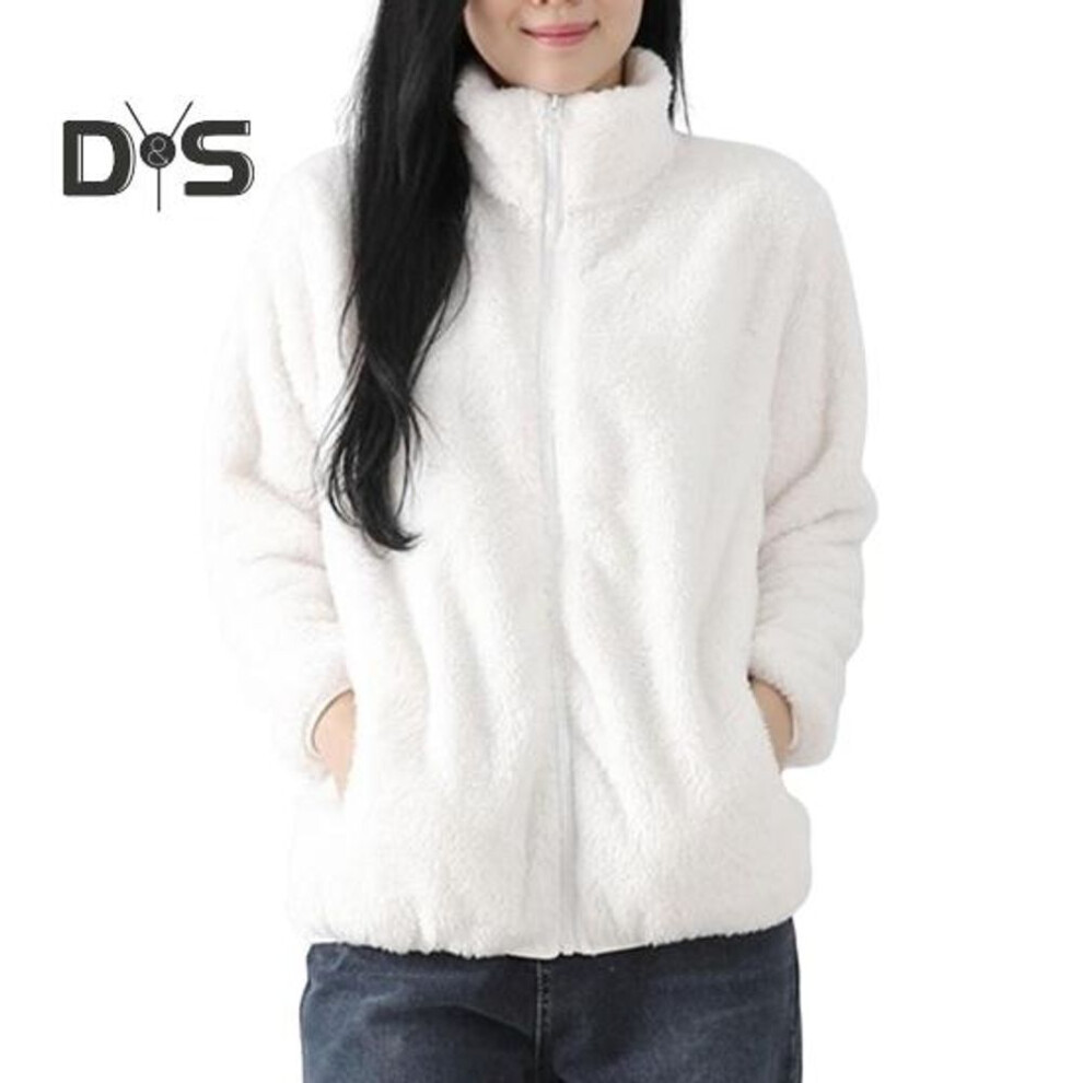 (white, L) Women Winter Coat Thick Plush Stand Collar Neck Protection Keep Warm Long Sleeves With Pockets Outdoor Commuting Jacket