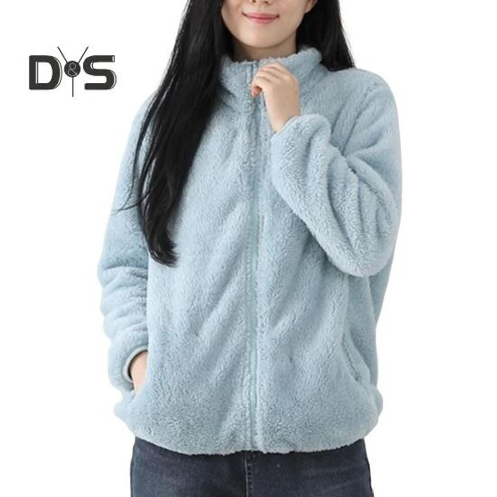 (light blue, L) Women Winter Coat Thick Plush Stand Collar Neck Protection Keep Warm Long Sleeves With Pockets Outdoor Commuting Jacket