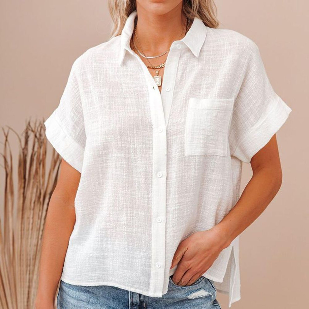 (S, white) Summer Cotton Linen Shirt Women Short Sleeves Tops Womens Elegant Blouses Short Sleeve Summer Shirts For Women Casual